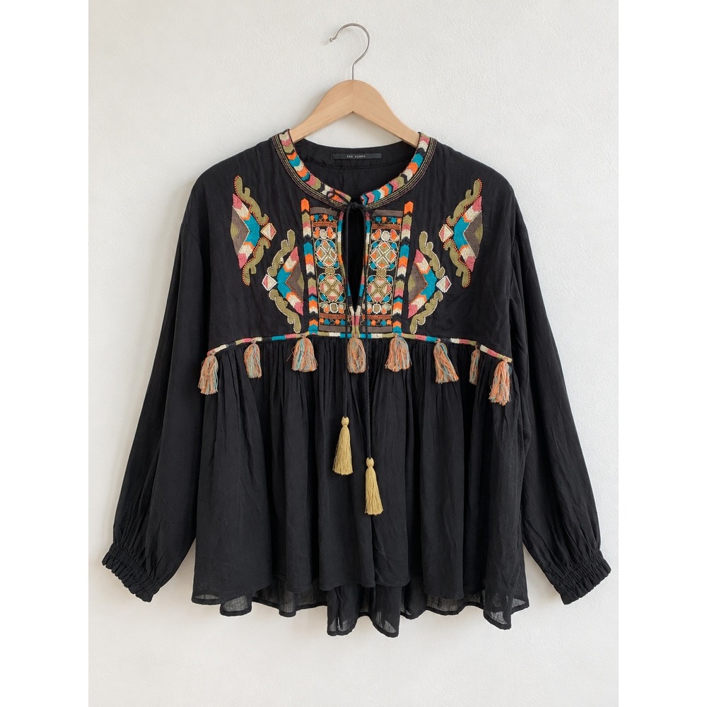 Anthro Urban Hymns M Black Beaded Embroidered Babydoll Peasant Blouse Boho
